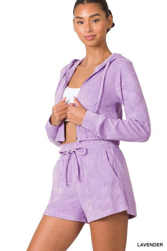 Loop Terry Zip-Up Cropped Hoodie and Short Set Short Set ZENANA LAVENDER S 