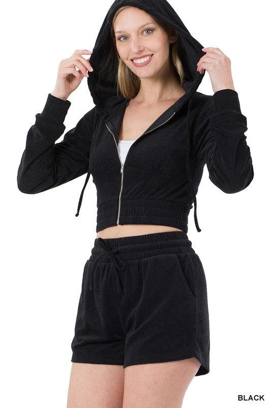 Loop Terry Zip-Up Cropped Hoodie and Short Set Short Set ZENANA BLACK S 