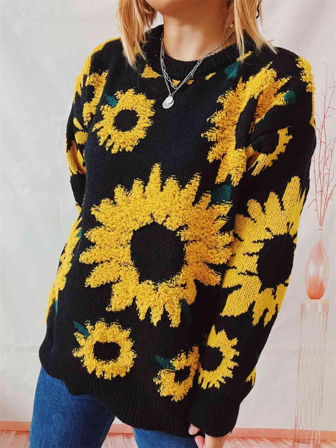 Sunflower Dropped Shoulder Long Sleeve Sweater Tops Trendsi Black S 
