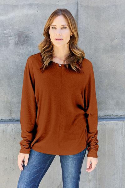 Round Neck Long Sleeve Cotton Top Tops Trendsi   