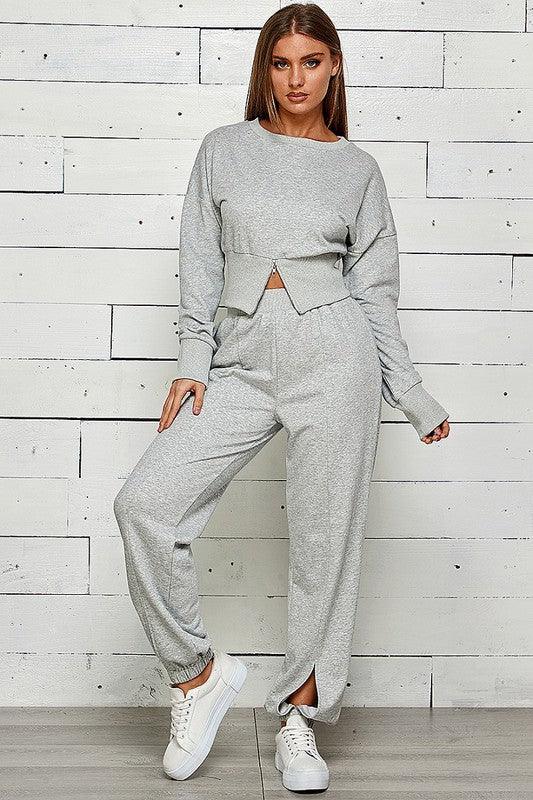 Zip Front Slit Sweatshirt & Jogger Set Pant Set Shop Michella HEATHER GREY S 