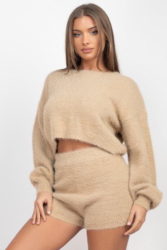 Fuzzy Knit Top and Short Set Short Set SALTY CARAMEL M 