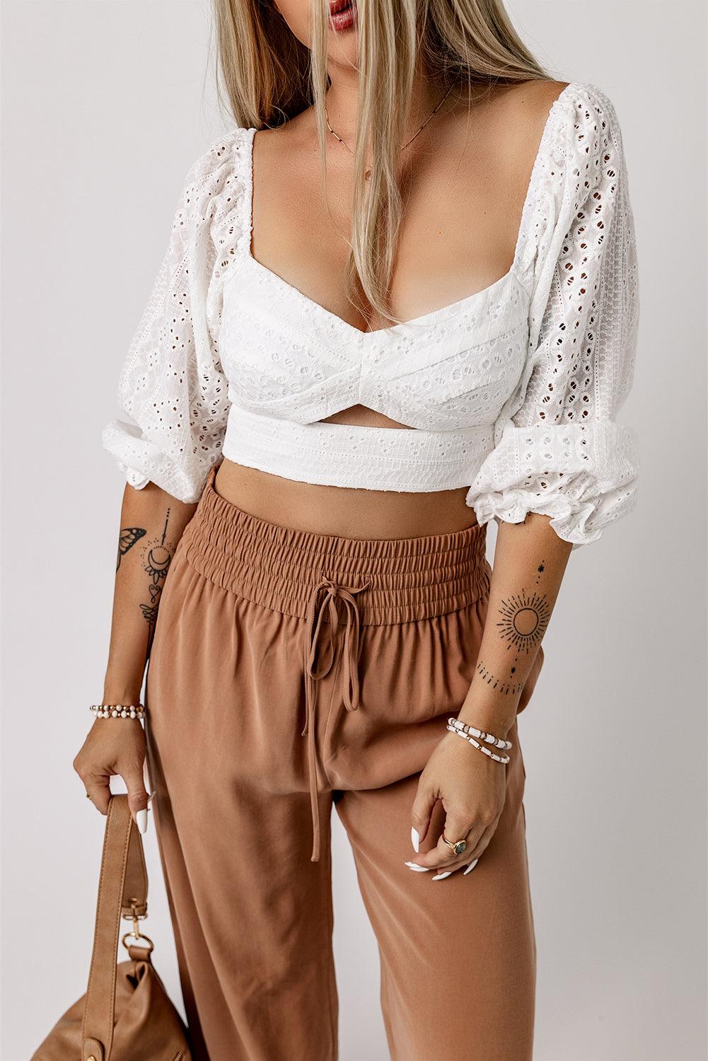 Sweetheart Neckline Eyelet Crop Top in White Tops White White S 