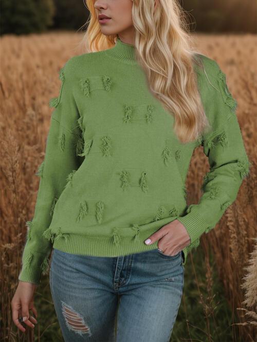 Fringe Detail Long Sleeve Mock Neck Sweater Sweaters Trends Mid Green One Size 