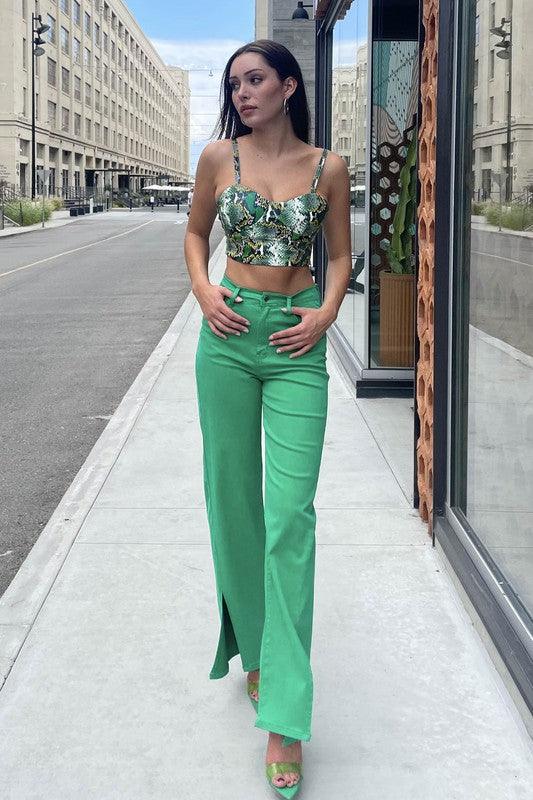 Front Slit Wide Leg Tencel Pant Jeans Vibrant M.i.U GREEN 1 