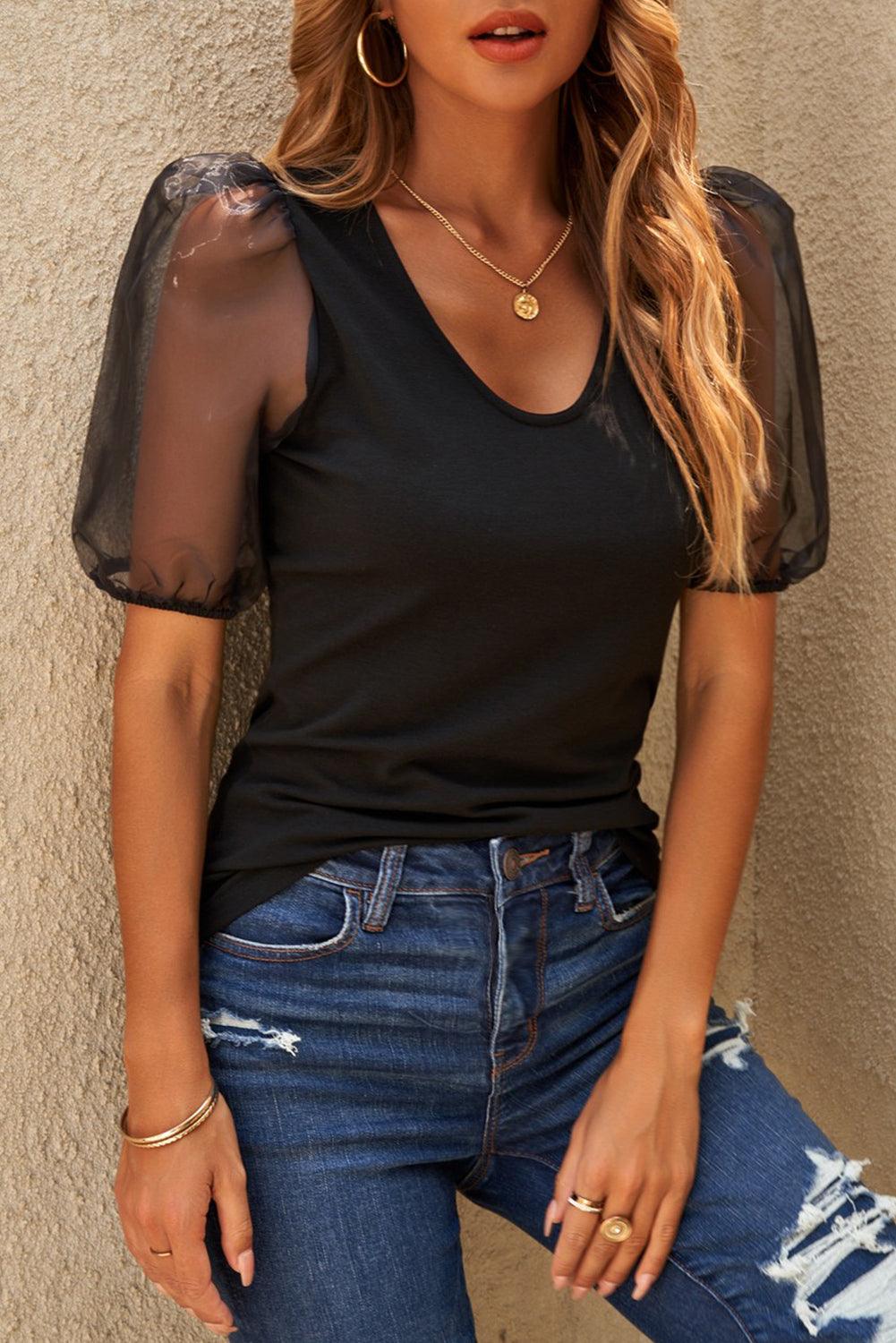 Mesh Puff Sleeve Blouse Blouses White   