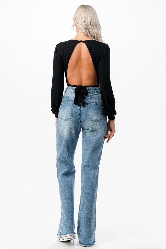 Romantic V-Neck Balloon Sleeve Tie-Back Bodysuit Bodysuits O2 Denim   