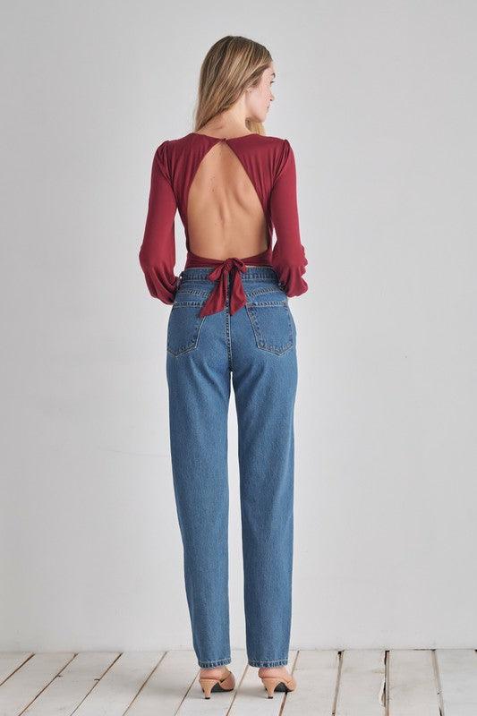 Romantic V-Neck Balloon Sleeve Tie-Back Bodysuit Bodysuits O2 Denim   