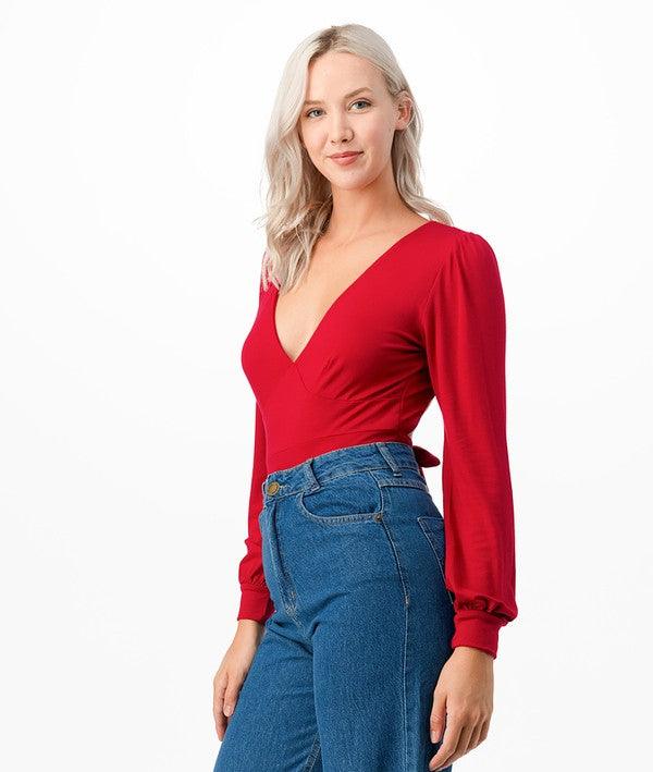 Romantic V-Neck Balloon Sleeve Tie-Back Bodysuit Bodysuits O2 Denim Red L 