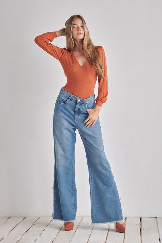 Romantic V-Neck Balloon Sleeve Tie-Back Bodysuit Bodysuits O2 Denim   