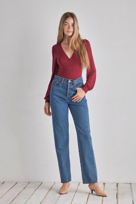 Romantic V-Neck Balloon Sleeve Tie-Back Bodysuit Bodysuits O2 Denim   