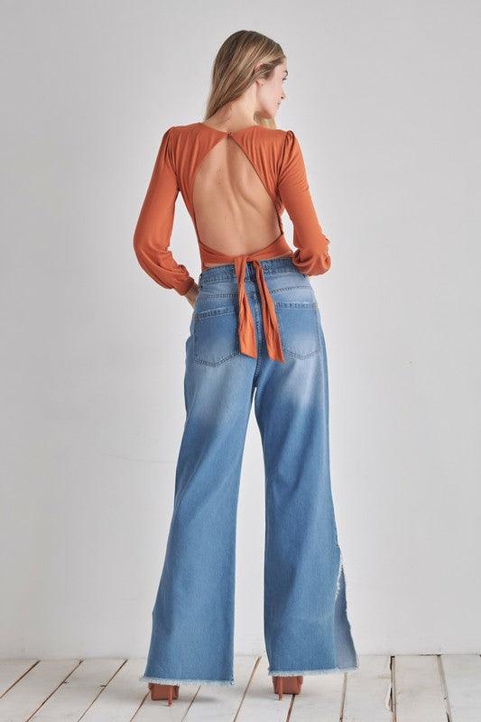 Romantic V-Neck Balloon Sleeve Tie-Back Bodysuit Bodysuits O2 Denim   