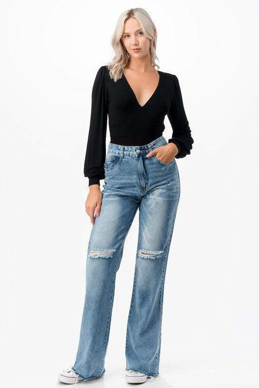 Romantic V-Neck Balloon Sleeve Tie-Back Bodysuit Bodysuits O2 Denim   