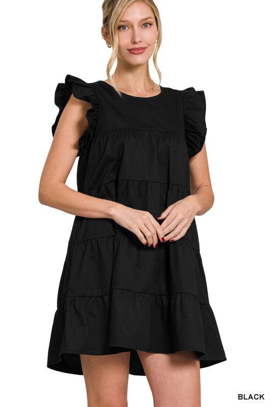 Ruffled Cap Sleeve Babydoll Tiered Mini Dress Dresses ZENANA BLACK S 