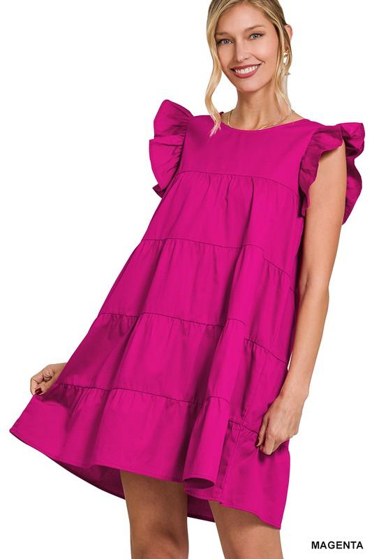 Ruffled Cap Sleeve Babydoll Tiered Mini Dress Dresses ZENANA MAGENTA S 