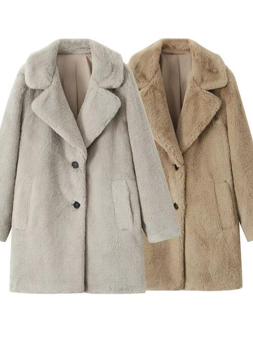 Faux Fur Lapel Coat with Pockets Coats Trendsi   