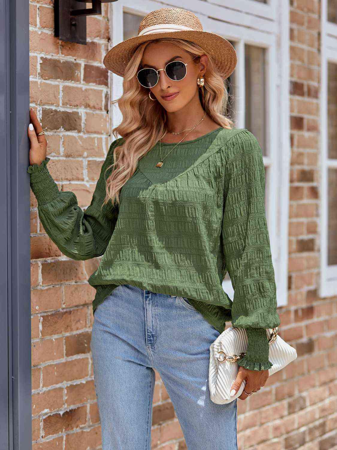 Round Neck Lantern Sleeve Blouse Blouses Trendsi Mid Green S 