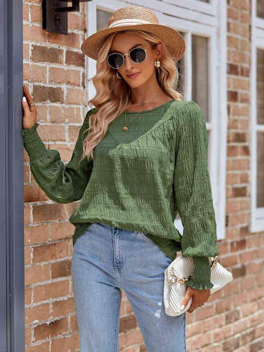 Round Neck Lantern Sleeve Blouse Blouses Trendsi Mid Green S 