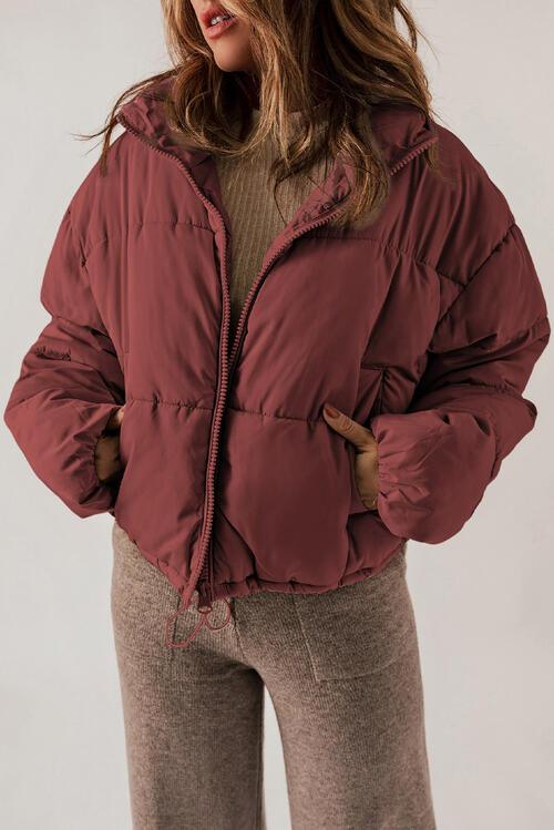 Zip Up Collared Neck Long Sleeve Winter Coat Coats Trendsi Brick Red S 