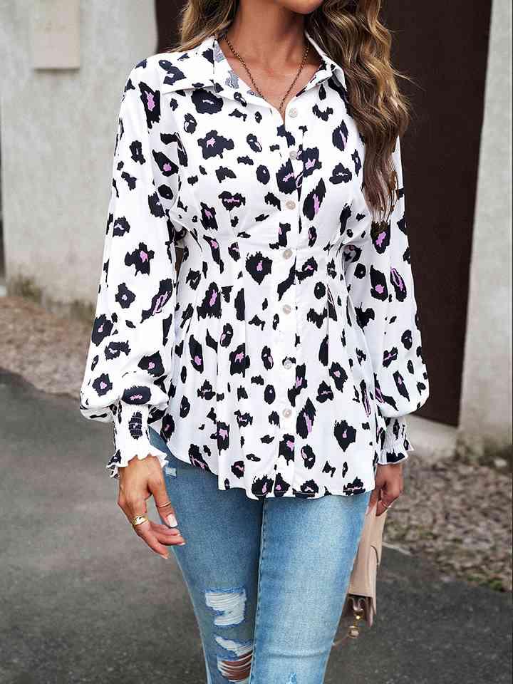 Printed Button-Up Lantern Sleeve Shirt Button-Up Trendsi   