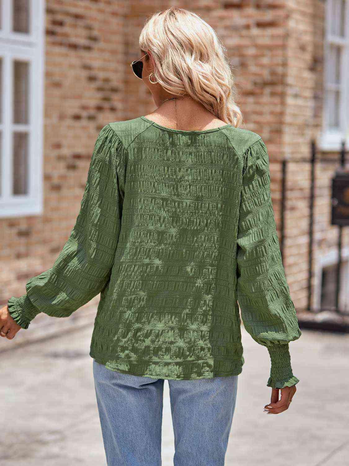 Round Neck Lantern Sleeve Blouse Blouses Trendsi   