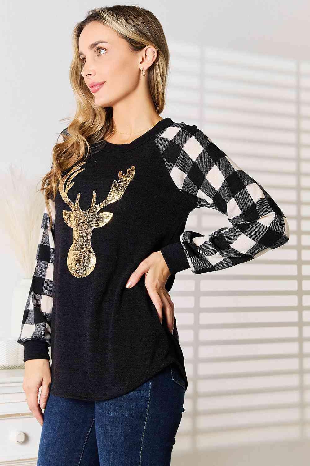 Sequin Reindeer Graphic Plaid Top Tops Trendsi   