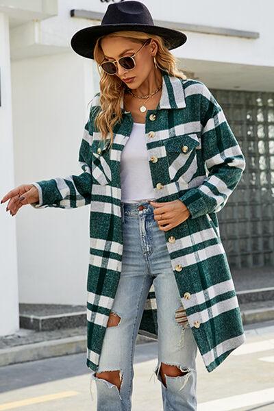 Plaid Button Up Collared Neck Jacket with Pockets Jackets Trendsi   