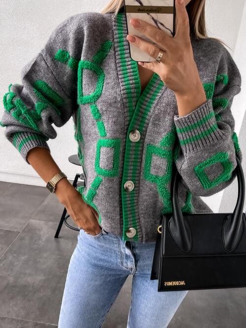 Geometric Dropped Shoulder Button Down Cardigan Cardigans Trend Charcoal S 