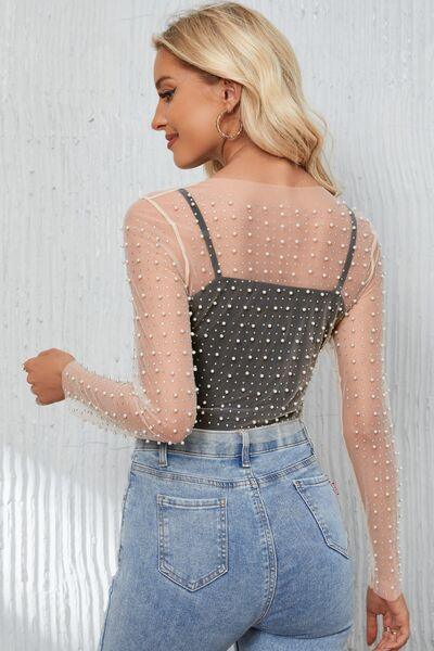 Pearl Mesh Log Sleeve Cropped Top Blouses Trendsi   
