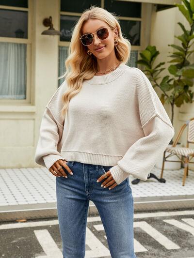 Round Neck Lantern Sleeve Sweater Sweaters Trendsi Cream XS 