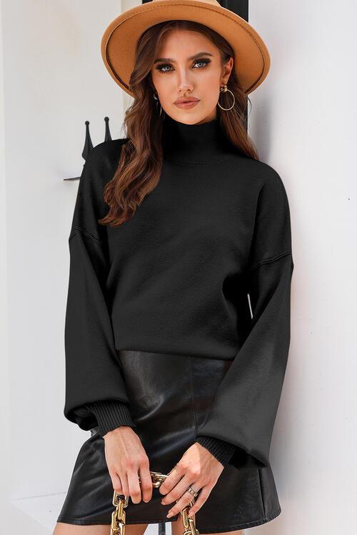 Turtleneck Lantern Sleeve Sweater Blouses Trendsi Black S 