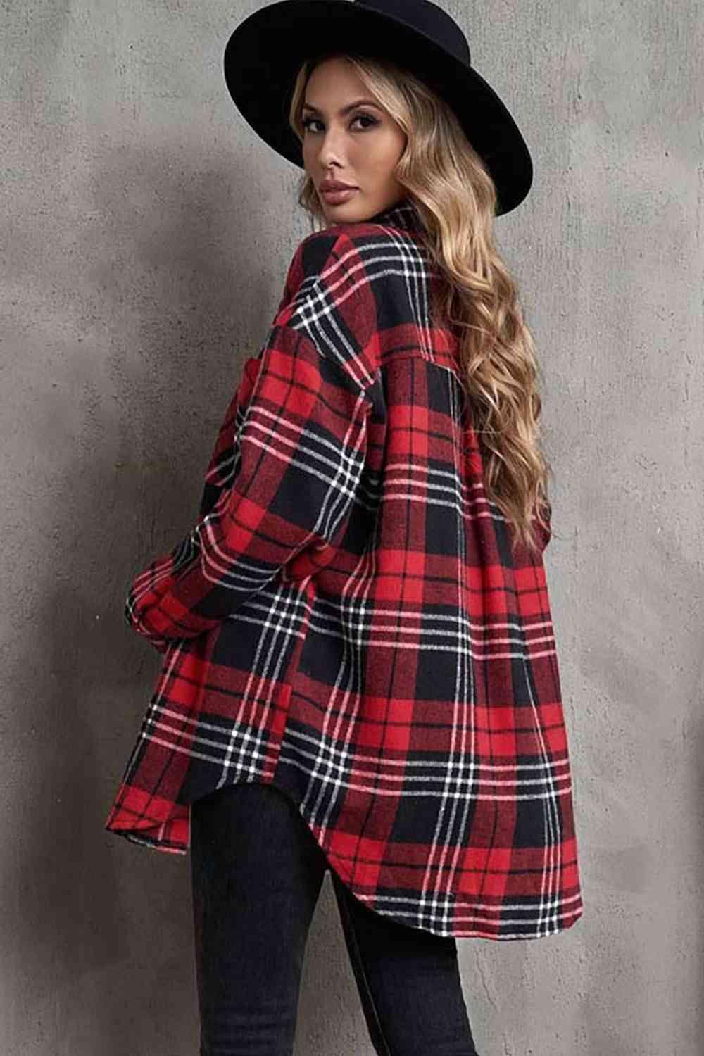 Plaid Collared Neck Button Up Jacket Jackets Trendsi   