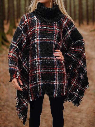 Turtleneck Plaid Raw Hem Poncho Sweater Tops Trendsi   