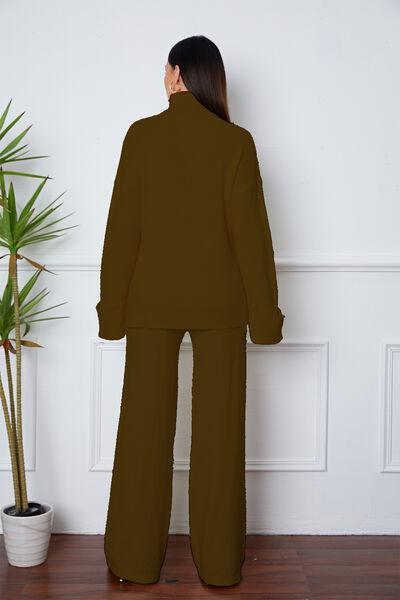 Turtleneck Dropped Shoulder Top and Pants Sweater Set Pant Set Trends   