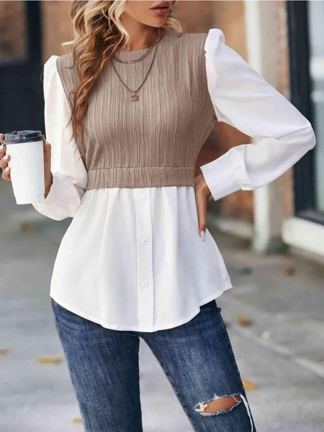 Cable Mock Vest Detail Blouse Blouses Trends   