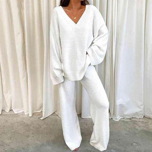 V-Neck Long Sleeve Top and Long Pants Set Pant Set Trends White S 