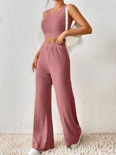 Ribbed Round Neck Tank and Pants Sweater Set Pant Set Trends Light Mauve S 