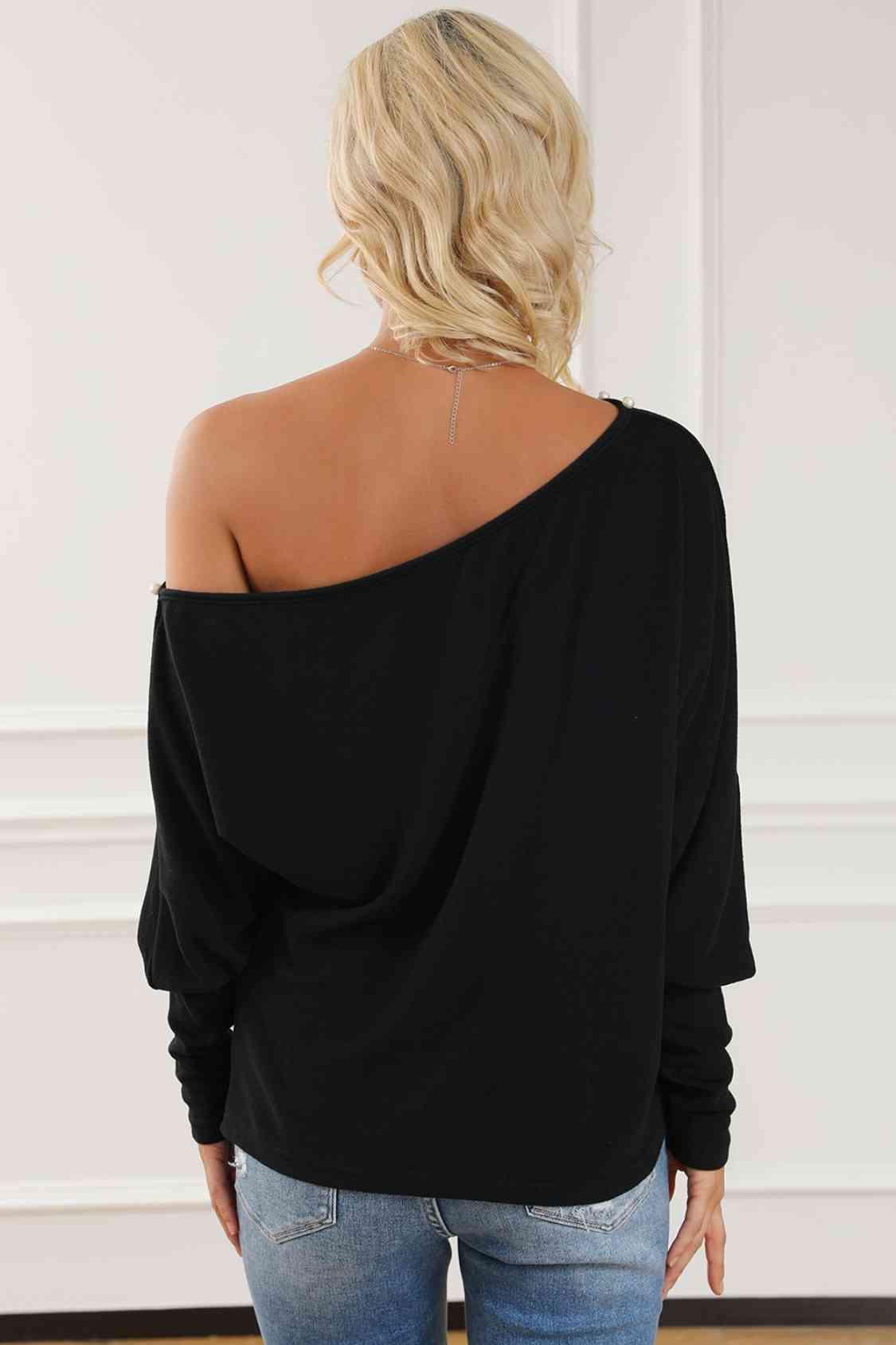 Pearl Trim Lantern Sleeve Top Blouses Trends   