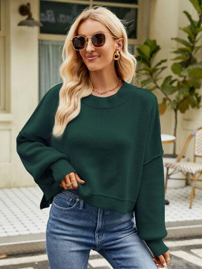 Round Neck Lantern Sleeve Sweater Sweaters Trendsi Army Green XS 