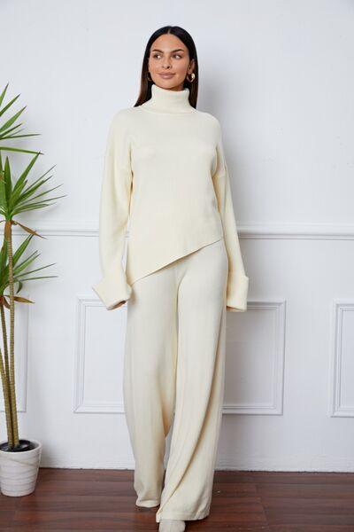 Turtleneck Dropped Shoulder Top and Pants Sweater Set Pant Set Trends Ivory One Size 