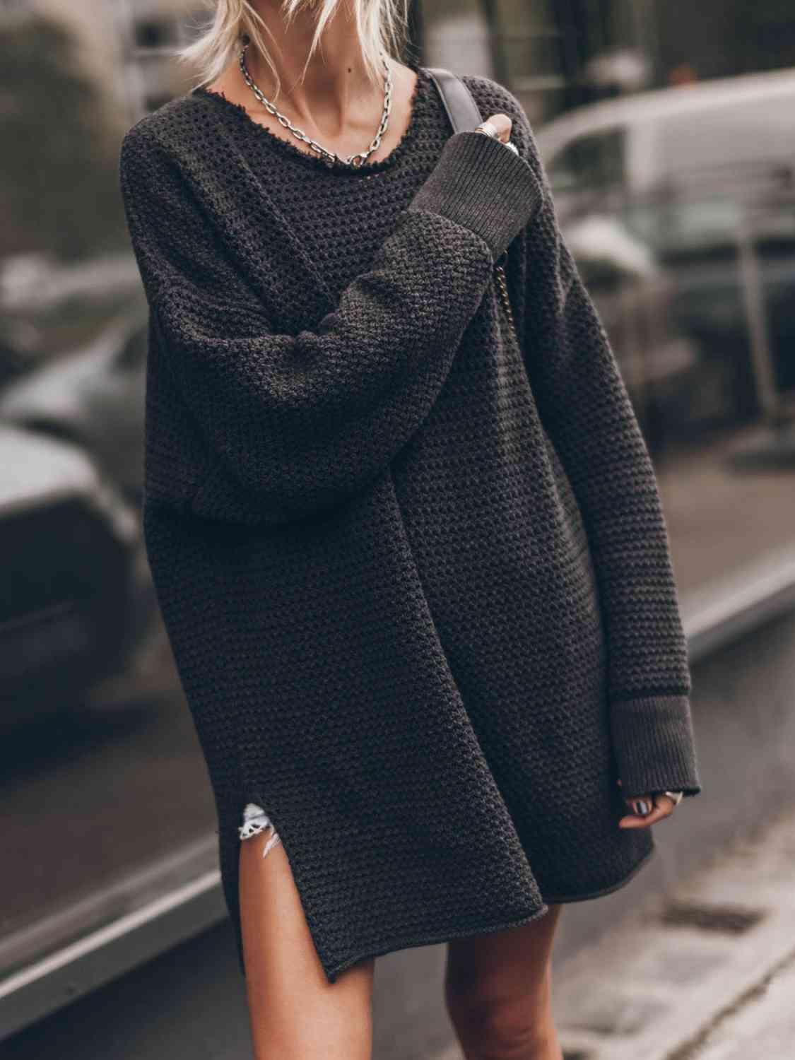 Openwork Round Neck Long Sleeve Slit Sweater Sweaters Trendsi Black S 