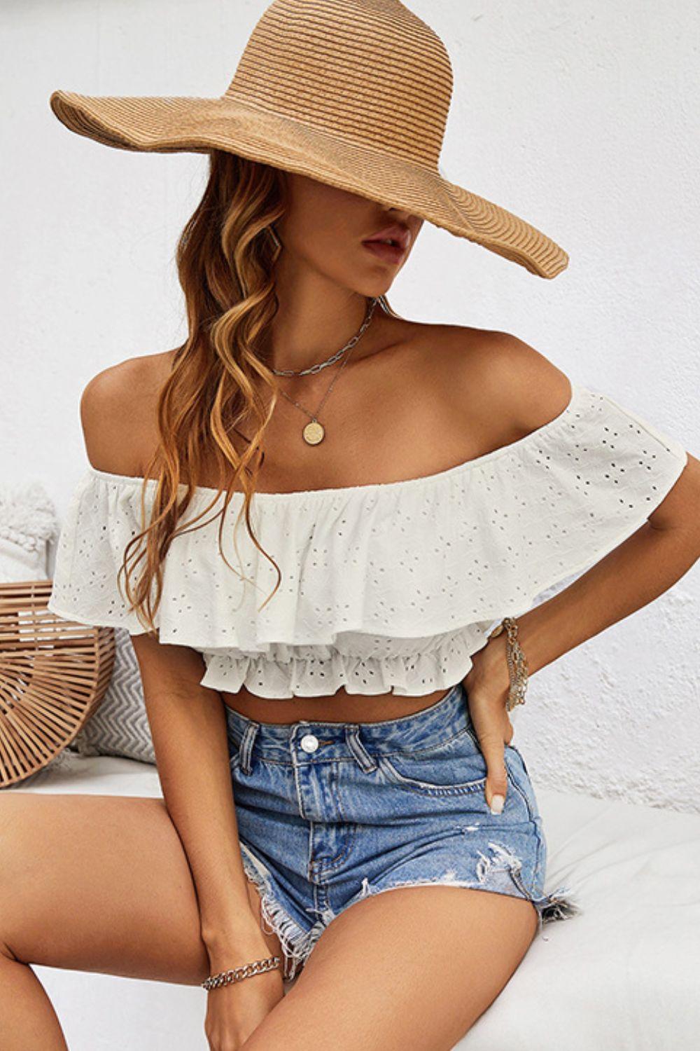 Eyelet Ruffle Off-Shoulder Crop Blouse Blouses White   