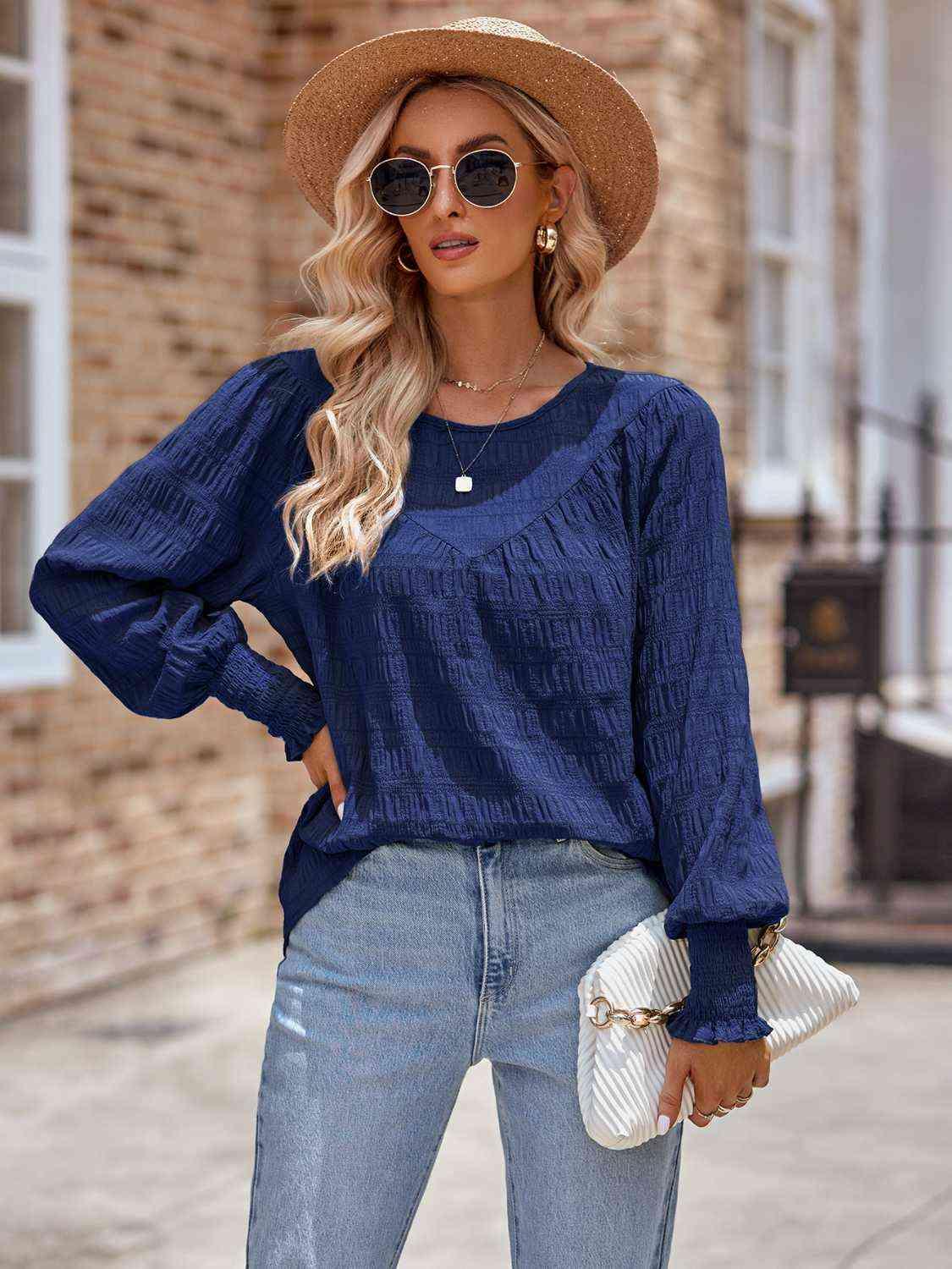 Round Neck Lantern Sleeve Blouse Blouses Trendsi Dusty  Blue S 