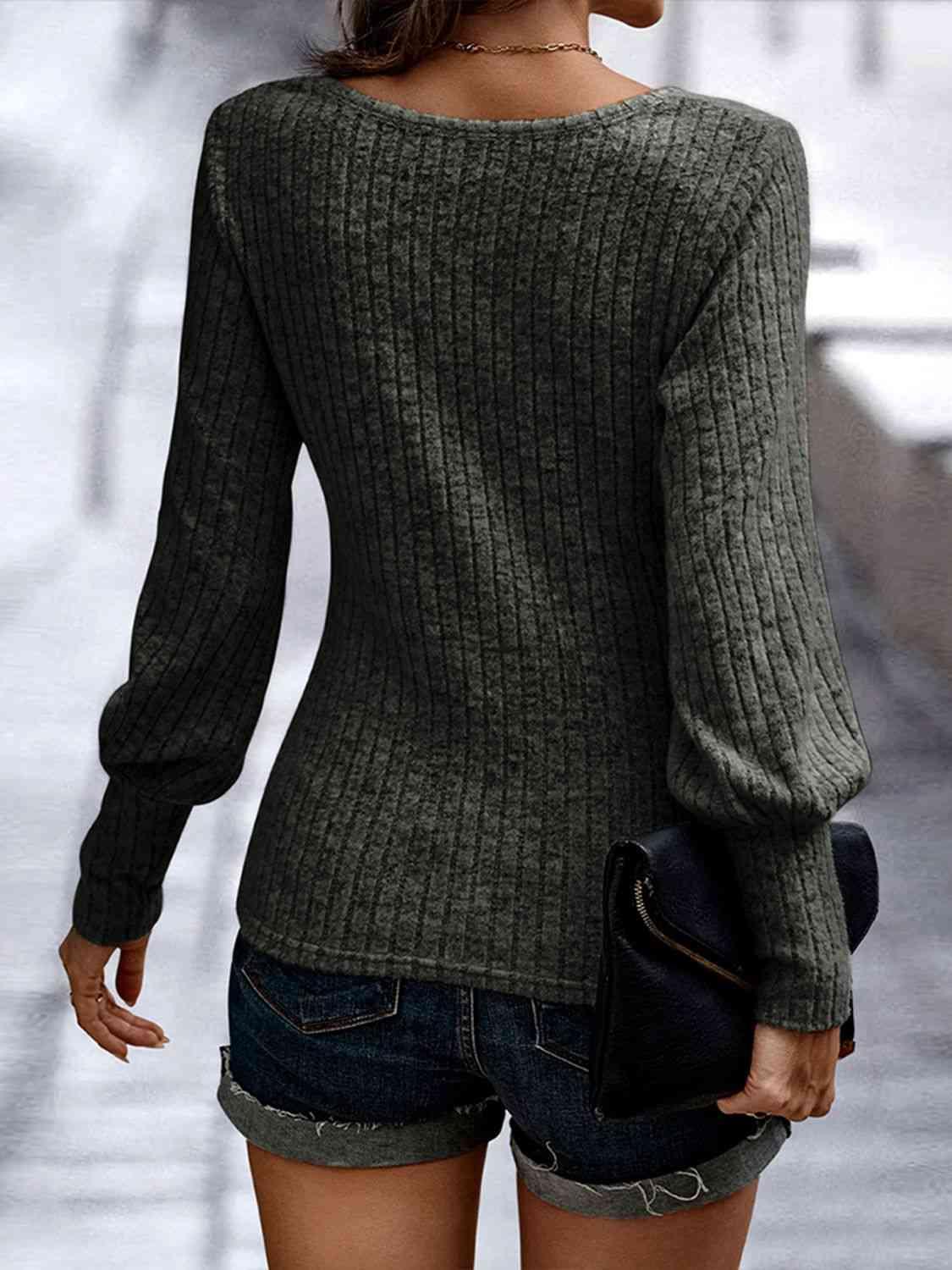 Ribbed Round Neck Long Sleeve Blouse Blouses Trends   