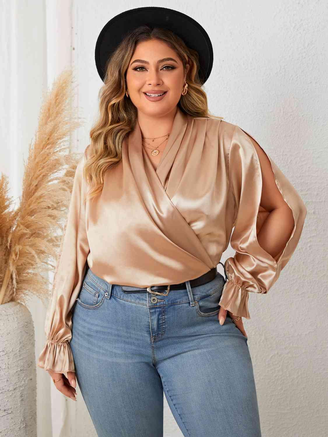 Surplice Neck Flounce Sleeve Blouse Tops Trendsi   