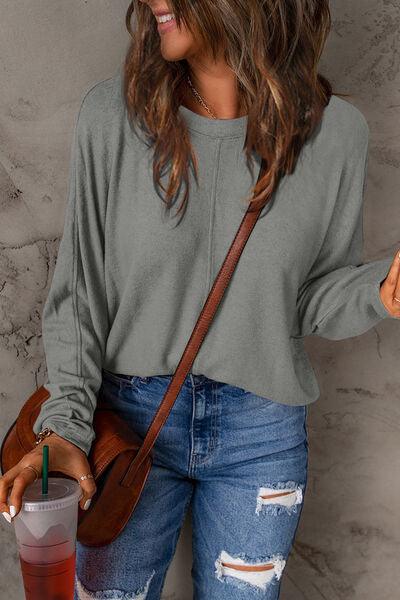 Round Neck Long Sleeve Cotton Top Tops Trendsi Heather Gray S 