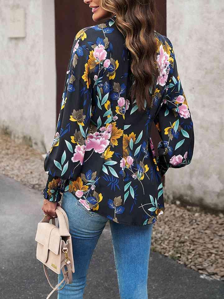 Printed Button-Up Lantern Sleeve Shirt Button-Up Trendsi   