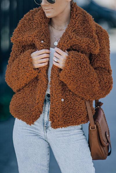 Fuzzy Snap Down Long Sleeve Jacket Jackets Trendsi   