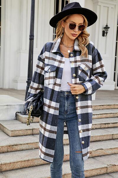 Plaid Button Up Collared Neck Jacket with Pockets Jackets Trendsi   