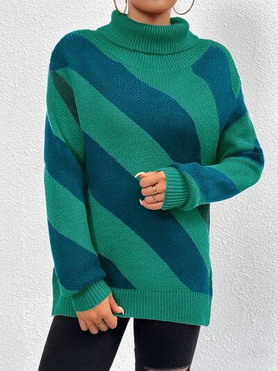 Striped Turtleneck Dropped Shoulder Sweater Sweaters Trendsi Green S 